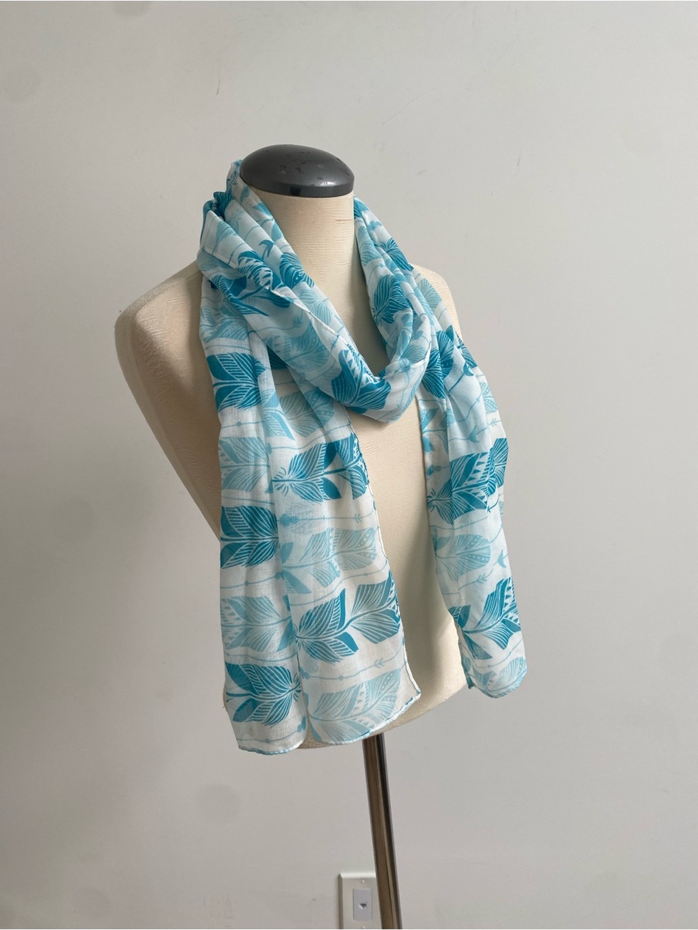 Aqua Leaf Print Lightweight Scarf